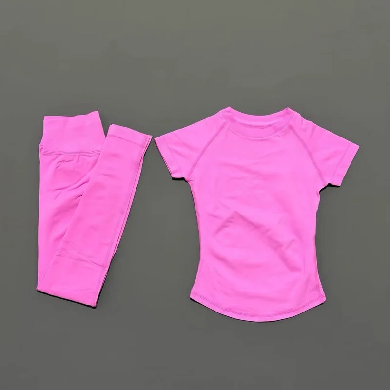 2 Pieces HISTELLO Sports Set Women Seamless Short Sleeve Navel Exposed Top Yoga Sports Tights Suit Gym Sportswear Workout Sets