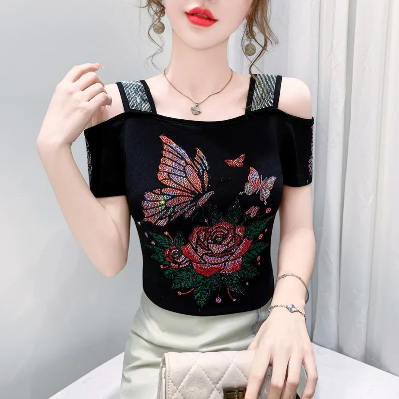 M-3XL New Summer Fashion European Ladies Clothes T-Shirt Sexy Off Shoulder Shiny Diamonds Mesh Women Tops All Match Tees Blusas