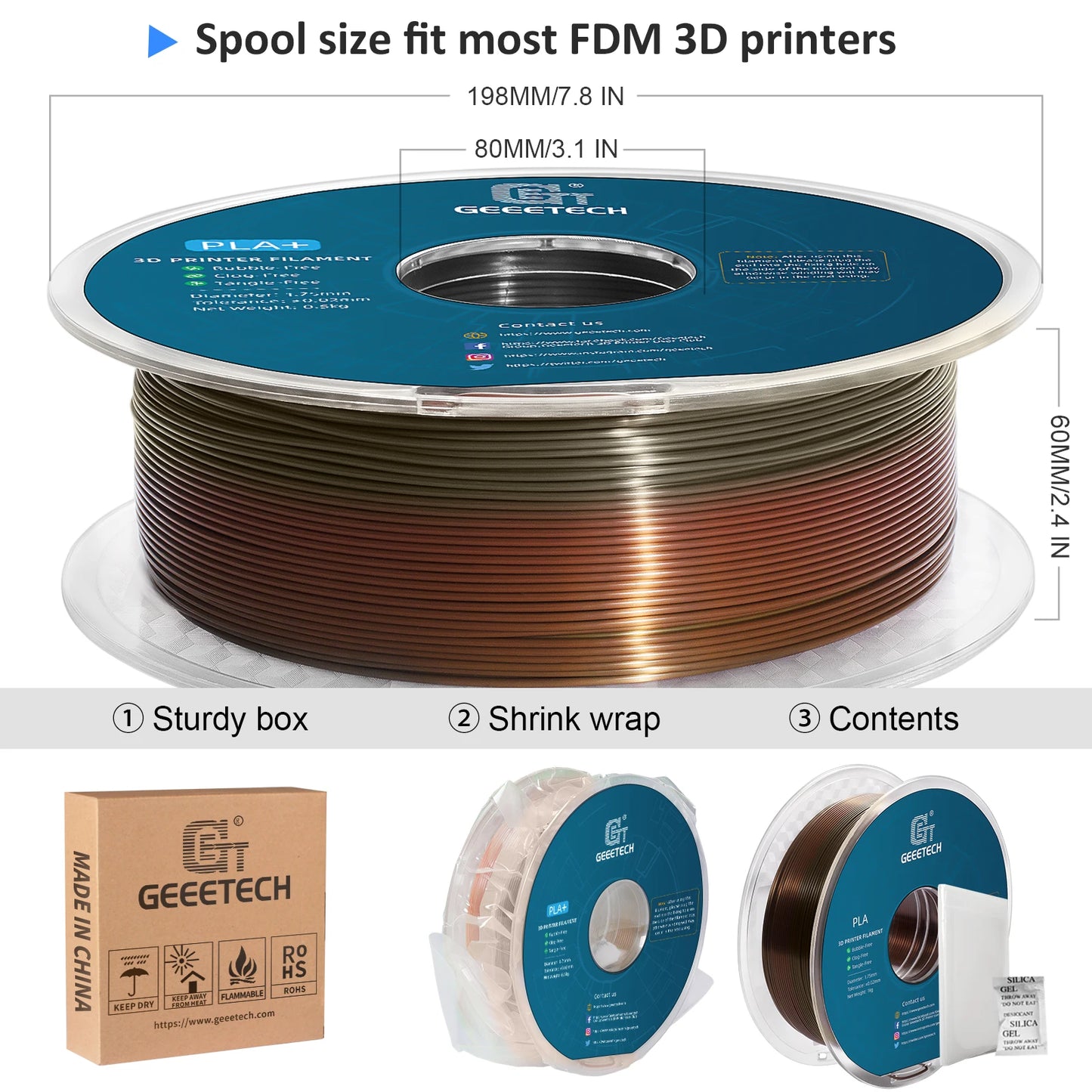 GEEETECH 10Kg 3d Silk PLA Filament 1.75mm Spool Wire For 3D Printer Material,Safety, Vacuum packaging