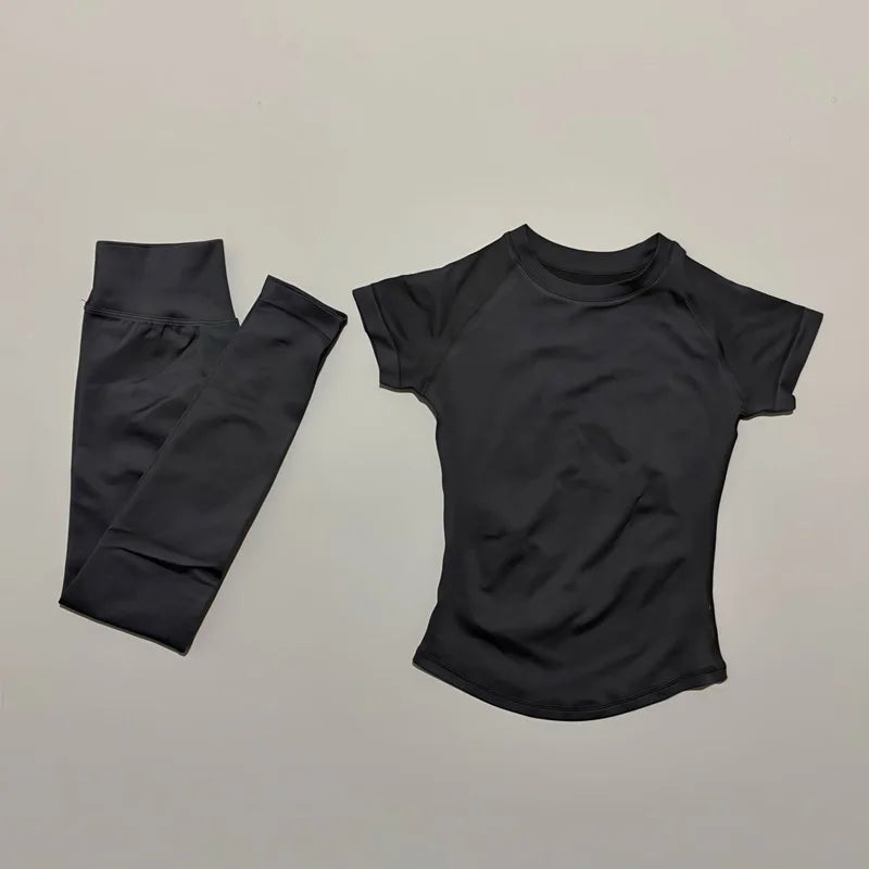 2 Pieces HISTELLO Sports Set Women Seamless Short Sleeve Navel Exposed Top Yoga Sports Tights Suit Gym Sportswear Workout Sets