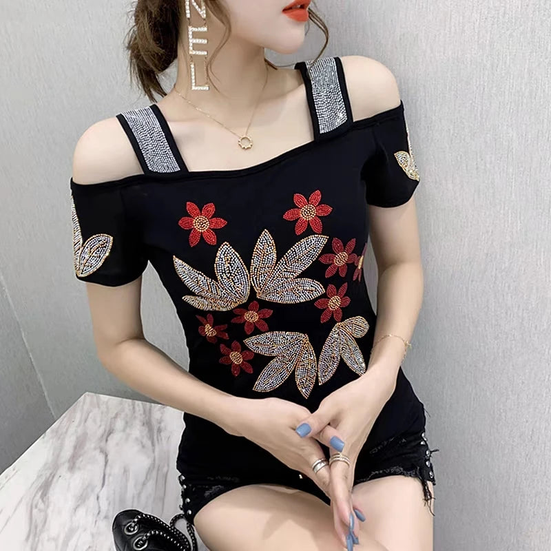M-3XL New Summer Fashion European Ladies Clothes T-Shirt Sexy Off Shoulder Shiny Diamonds Mesh Women Tops All Match Tees Blusas