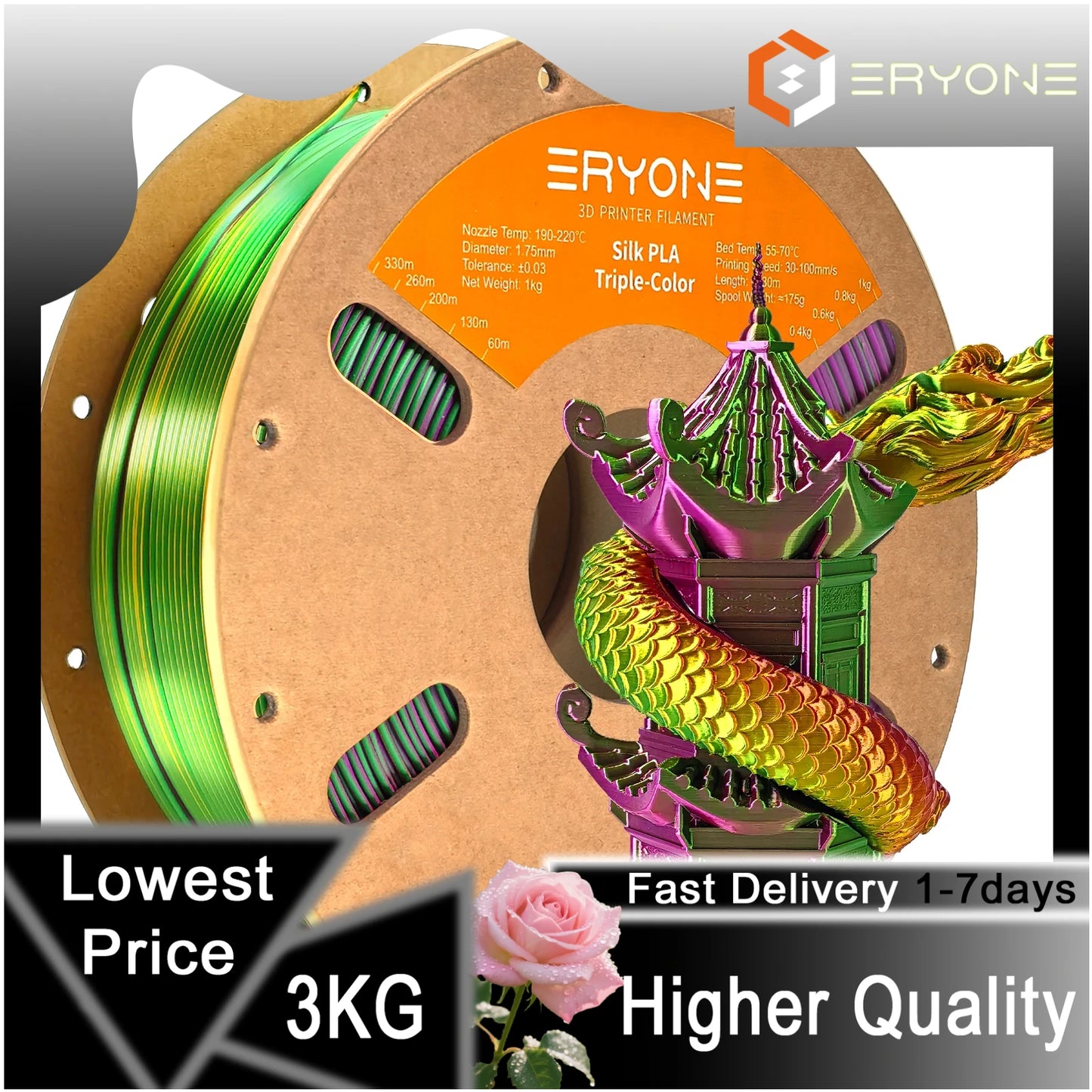 ERYONE 1/3/5KG Triple Color Silk PLA Premium Filament 3D Print Big Sale,Multicolor Available,1kg silk pla triple color filament