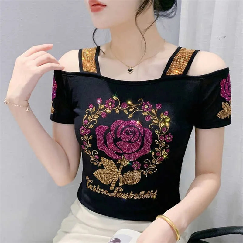 M-3XL New Summer Fashion European Ladies Clothes T-Shirt Sexy Off Shoulder Shiny Diamonds Mesh Women Tops All Match Tees Blusas