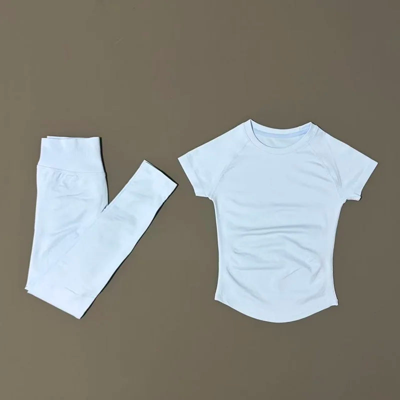 2 Pieces HISTELLO Sports Set Women Seamless Short Sleeve Navel Exposed Top Yoga Sports Tights Suit Gym Sportswear Workout Sets