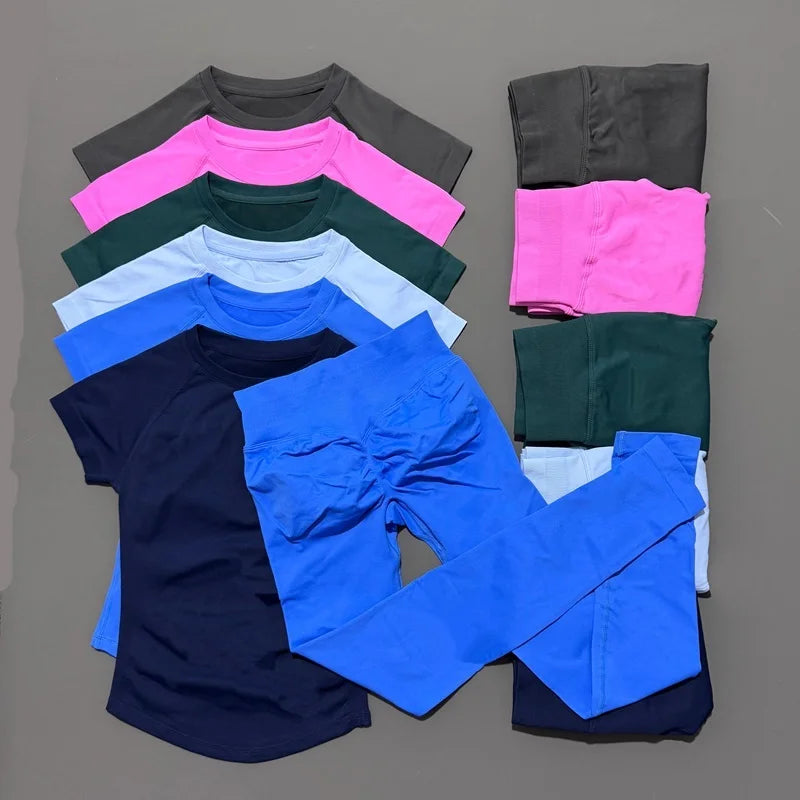 2 Pieces HISTELLO Sports Set Women Seamless Short Sleeve Navel Exposed Top Yoga Sports Tights Suit Gym Sportswear Workout Sets