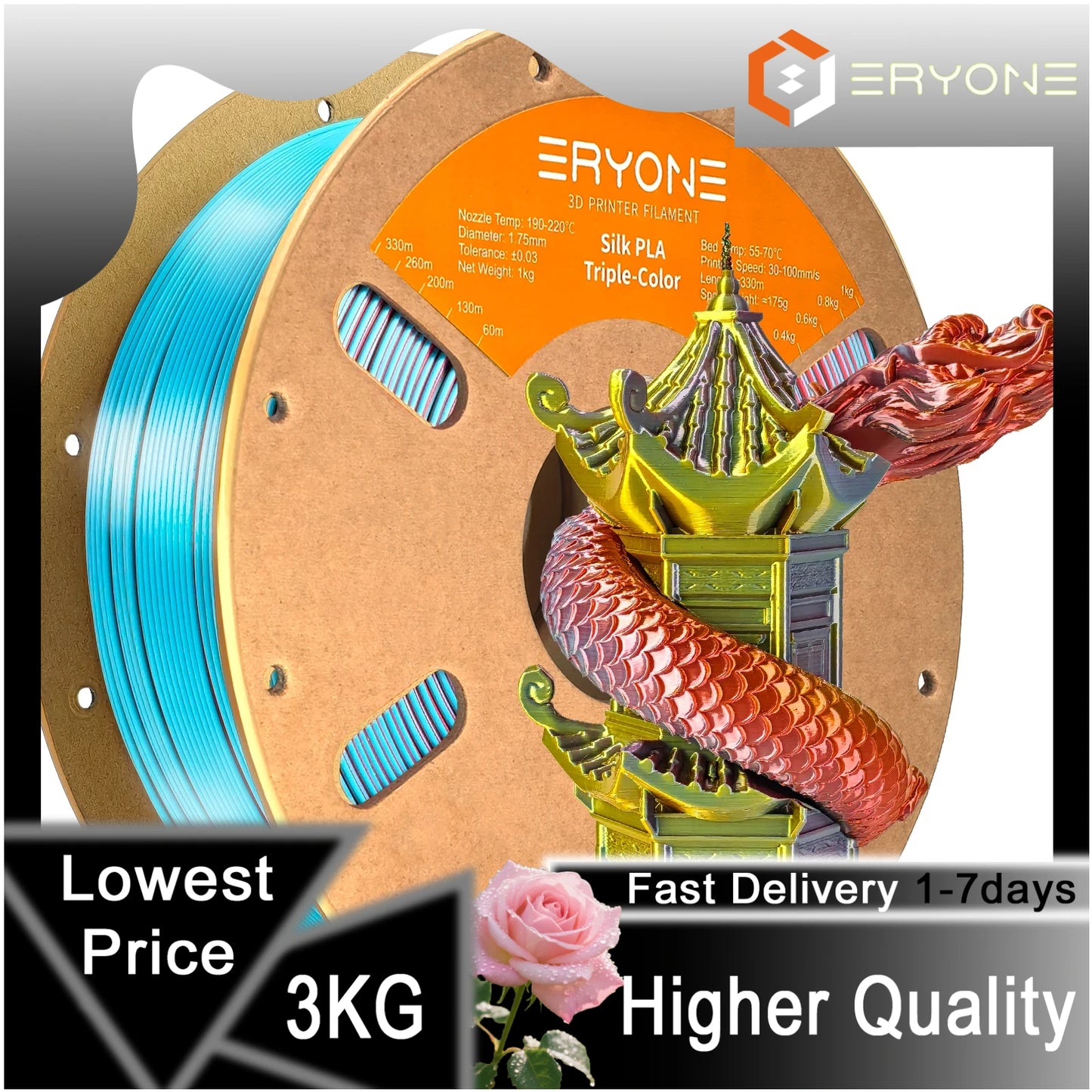 ERYONE 1/3/5KG Triple Color Silk PLA Premium Filament 3D Print Big Sale,Multicolor Available,1kg silk pla triple color filament