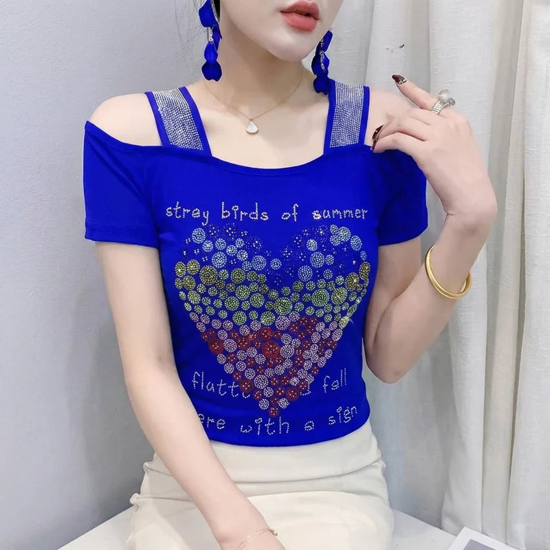 M-3XL New Summer Fashion European Ladies Clothes T-Shirt Sexy Off Shoulder Shiny Diamonds Mesh Women Tops All Match Tees Blusas