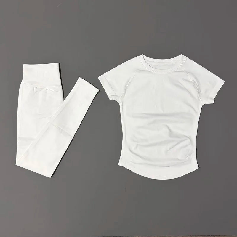 2 Pieces HISTELLO Sports Set Women Seamless Short Sleeve Navel Exposed Top Yoga Sports Tights Suit Gym Sportswear Workout Sets