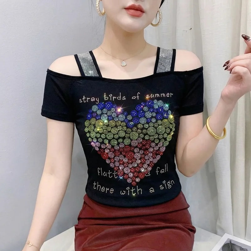 M-3XL New Summer Fashion European Ladies Clothes T-Shirt Sexy Off Shoulder Shiny Diamonds Mesh Women Tops All Match Tees Blusas
