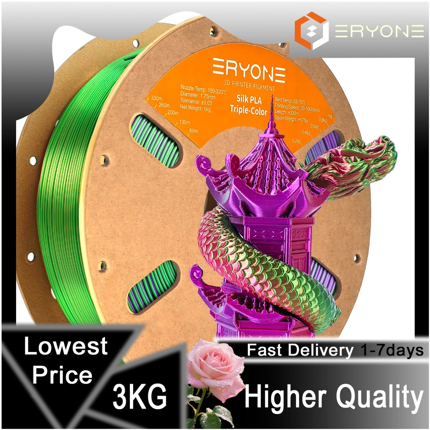 ERYONE 1/3/5KG Triple Color Silk PLA Premium Filament 3D Print Big Sale,Multicolor Available,1kg silk pla triple color filament