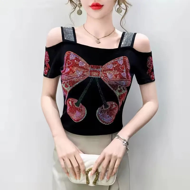 M-3XL New Summer Fashion European Ladies Clothes T-Shirt Sexy Off Shoulder Shiny Diamonds Mesh Women Tops All Match Tees Blusas
