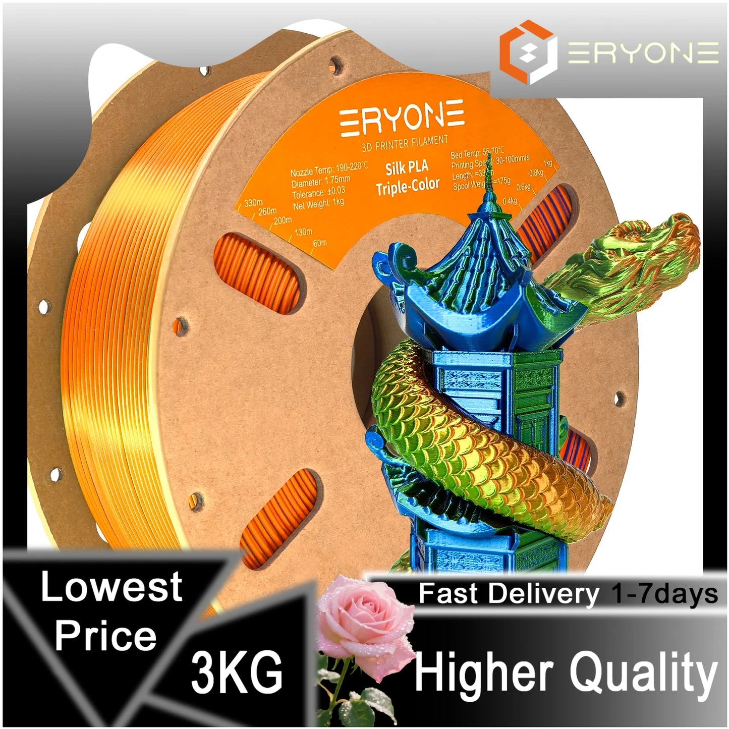 ERYONE 1/3/5KG Triple Color Silk PLA Premium Filament 3D Print Big Sale,Multicolor Available,1kg silk pla triple color filament