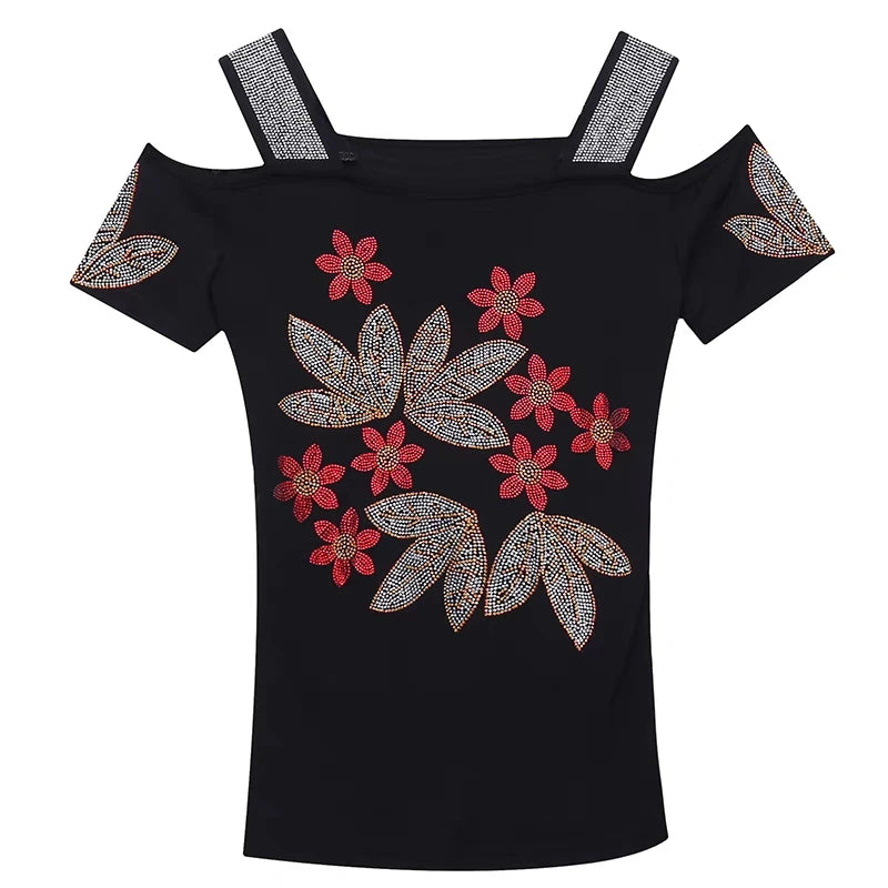 M-3XL New Summer Fashion European Ladies Clothes T-Shirt Sexy Off Shoulder Shiny Diamonds Mesh Women Tops All Match Tees Blusas