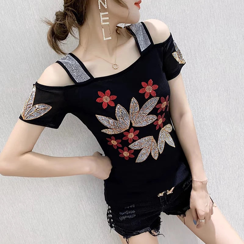 M-3XL New Summer Fashion European Ladies Clothes T-Shirt Sexy Off Shoulder Shiny Diamonds Mesh Women Tops All Match Tees Blusas