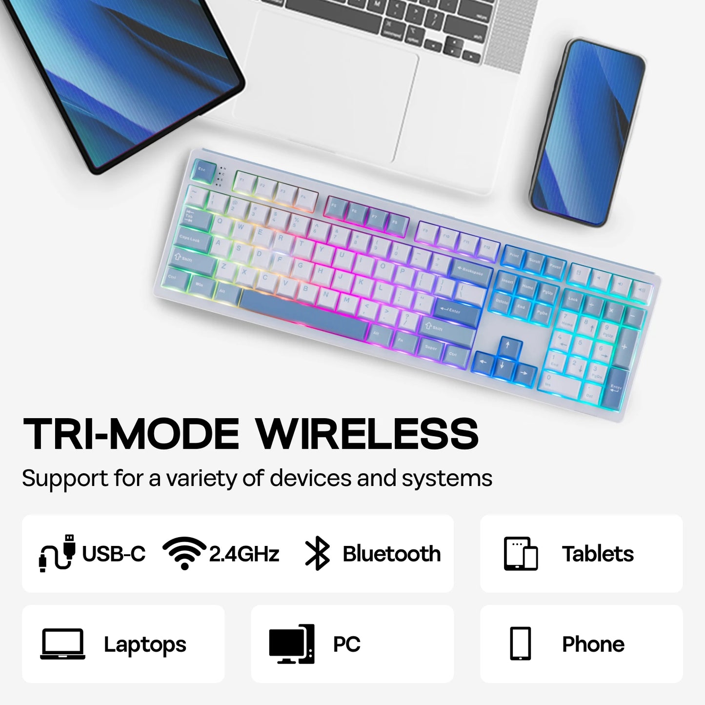 EPOMAKER TH108 100% Full Size Gasket Wired/BT/2.4Ghz Wireless NKRO Mechanical Gaming Keyboard 10000mAh Battery RGB Backlit
