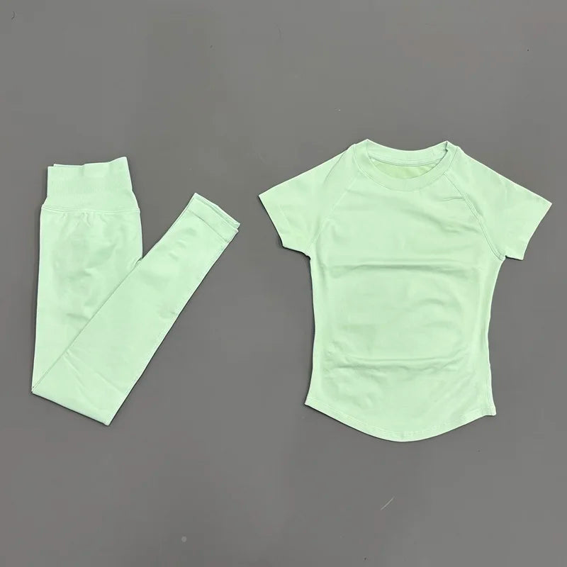 2 Pieces HISTELLO Sports Set Women Seamless Short Sleeve Navel Exposed Top Yoga Sports Tights Suit Gym Sportswear Workout Sets
