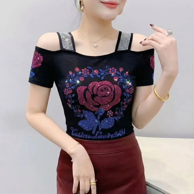 M-3XL New Summer Fashion European Ladies Clothes T-Shirt Sexy Off Shoulder Shiny Diamonds Mesh Women Tops All Match Tees Blusas
