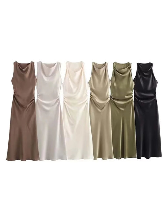 Satin Long Dresses for Women 2026 Summer Slip Midi Dress Woman Sexy Evening Party Dress Sleeveless Female Elegant Dresses