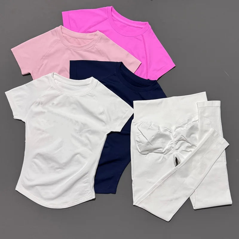 2 Pieces HISTELLO Sports Set Women Seamless Short Sleeve Navel Exposed Top Yoga Sports Tights Suit Gym Sportswear Workout Sets