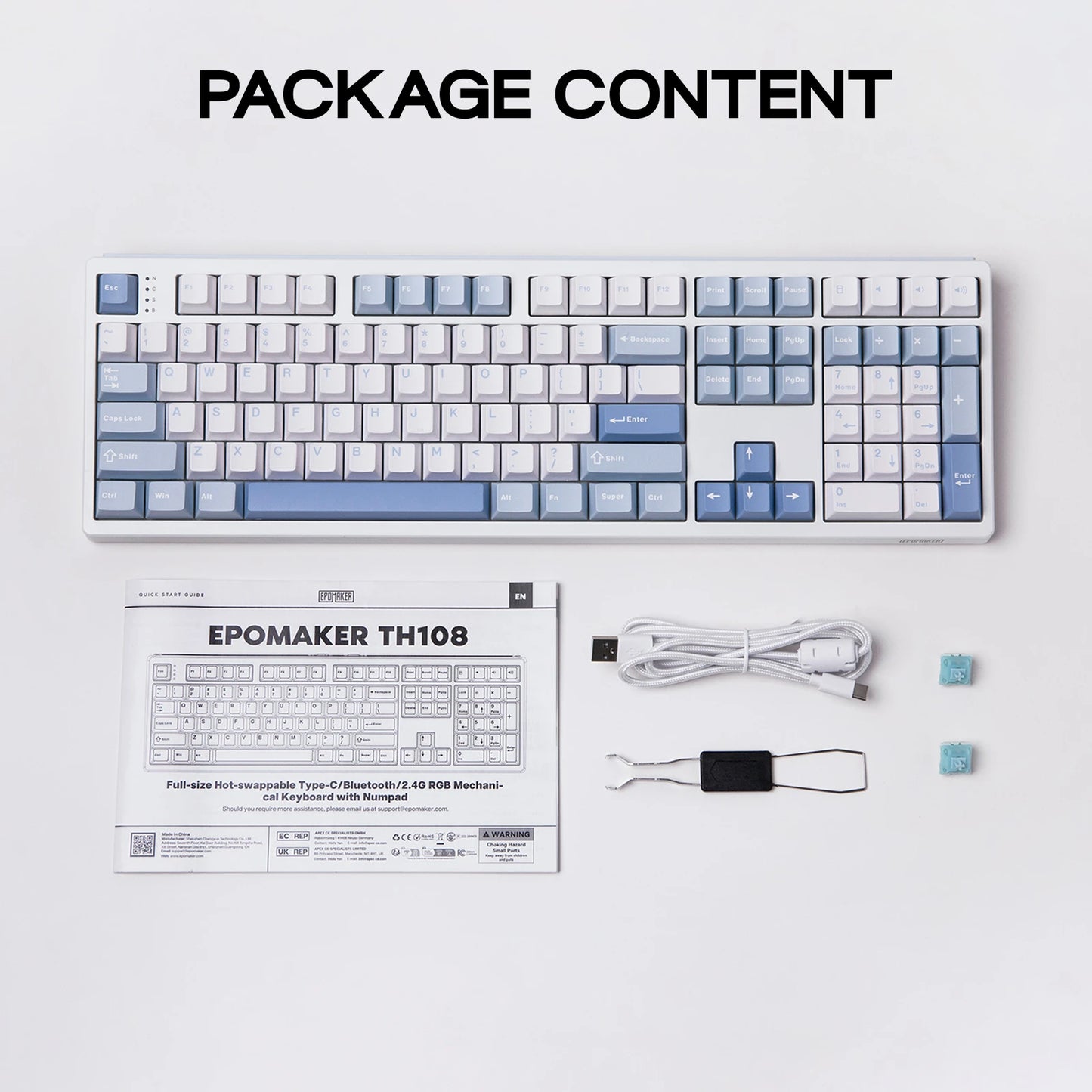 EPOMAKER TH108 100% Full Size Gasket Wired/BT/2.4Ghz Wireless NKRO Mechanical Gaming Keyboard 10000mAh Battery RGB Backlit