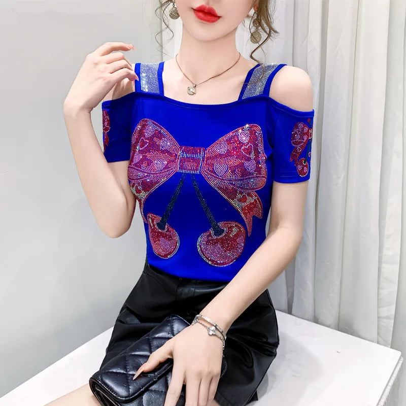 M-3XL New Summer Fashion European Ladies Clothes T-Shirt Sexy Off Shoulder Shiny Diamonds Mesh Women Tops All Match Tees Blusas