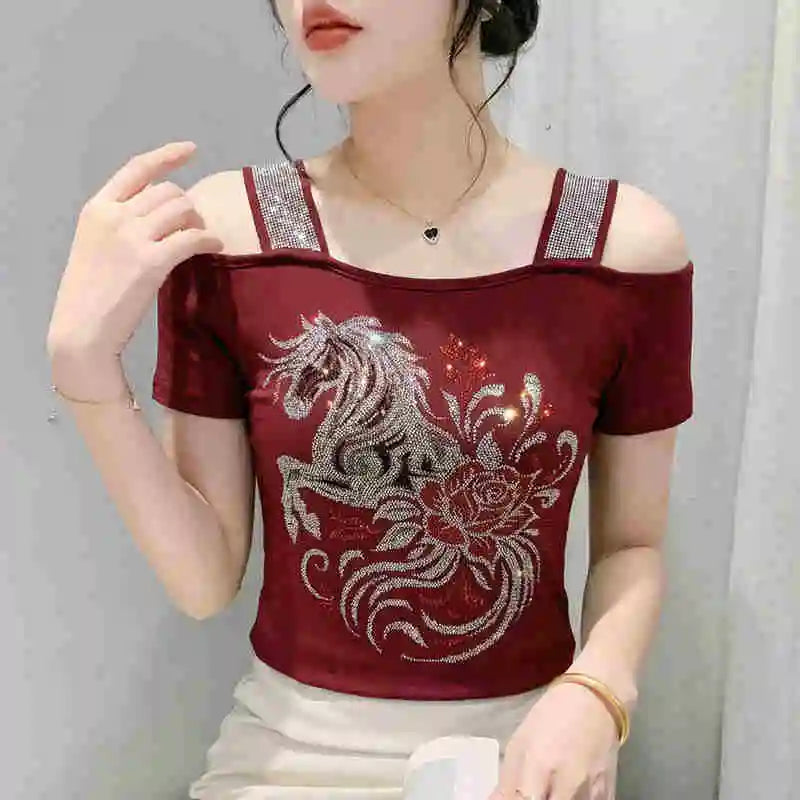 M-3XL New Summer Fashion European Ladies Clothes T-Shirt Sexy Off Shoulder Shiny Diamonds Mesh Women Tops All Match Tees Blusas