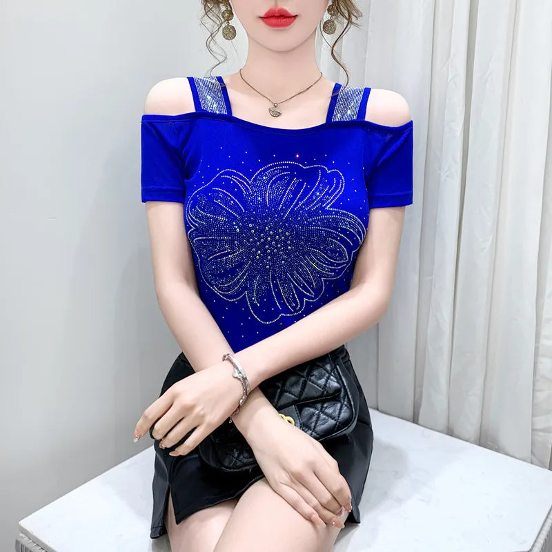 M-3XL New Summer Fashion European Ladies Clothes T-Shirt Sexy Off Shoulder Shiny Diamonds Mesh Women Tops All Match Tees Blusas