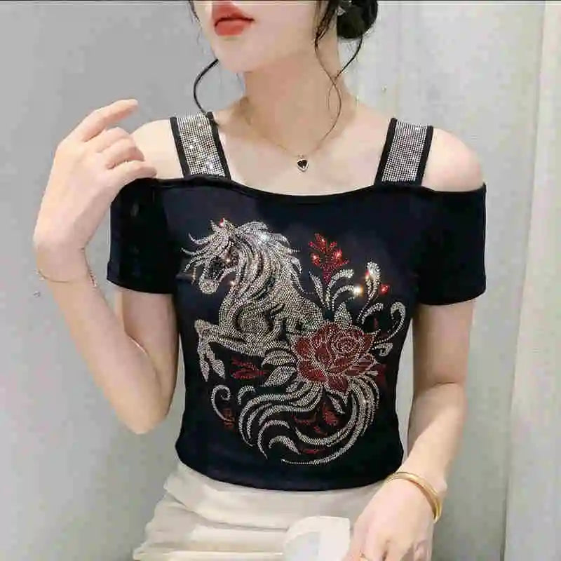 M-3XL New Summer Fashion European Ladies Clothes T-Shirt Sexy Off Shoulder Shiny Diamonds Mesh Women Tops All Match Tees Blusas
