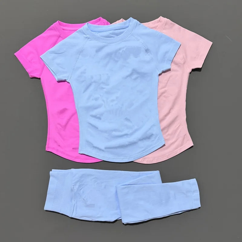 2 Pieces HISTELLO Sports Set Women Seamless Short Sleeve Navel Exposed Top Yoga Sports Tights Suit Gym Sportswear Workout Sets