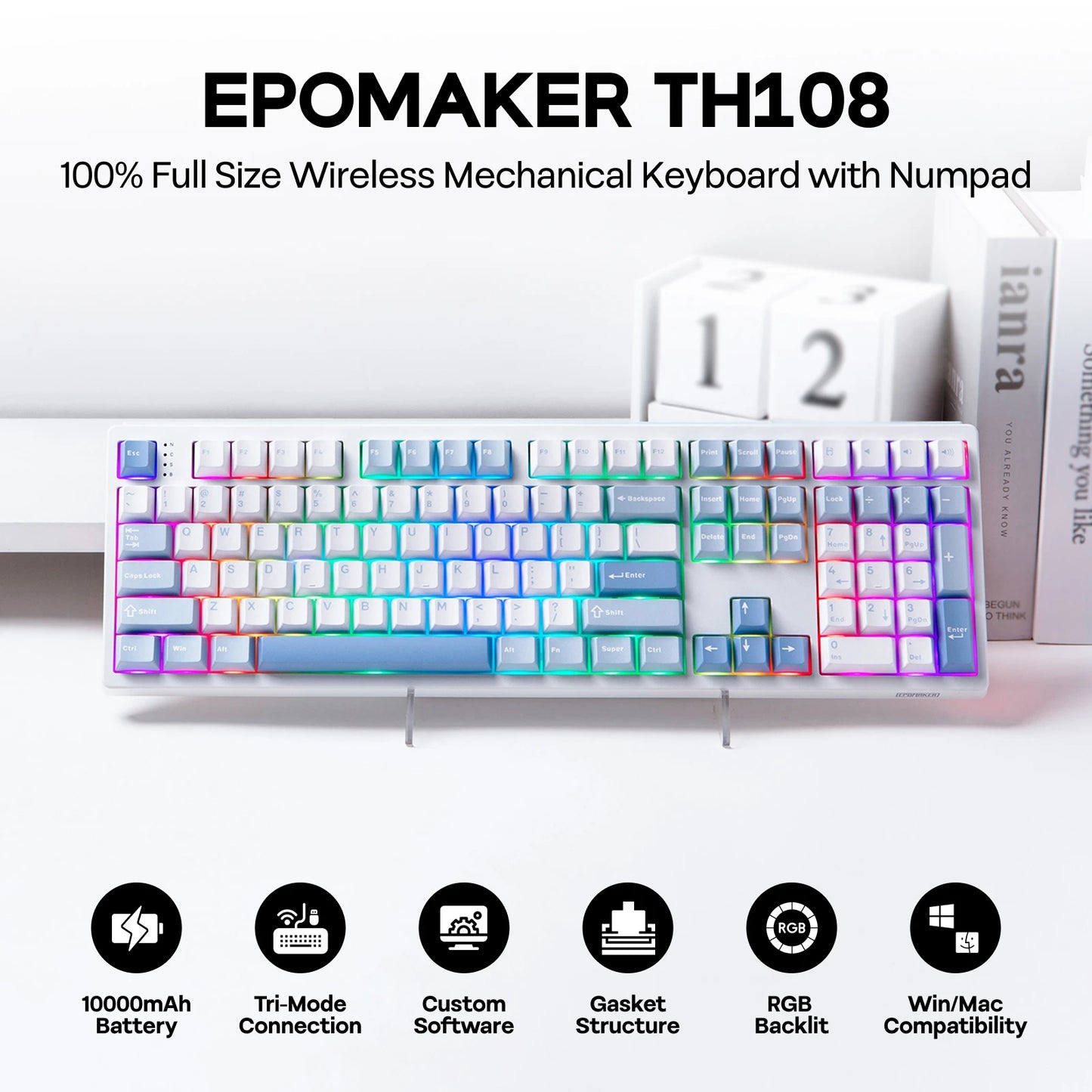 EPOMAKER TH108 100% Full Size Gasket Wired/BT/2.4Ghz Wireless NKRO Mechanical Gaming Keyboard 10000mAh Battery RGB Backlit