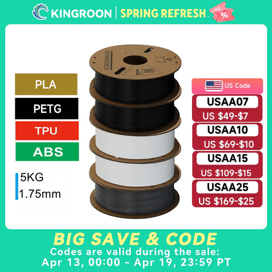 KINGROON 3D Printer Filament PLA PETG TPU ABS 5KG Bundle Black White Gray 1.75mm No bubbles Plastic 5 roll 1kg , Random Spool