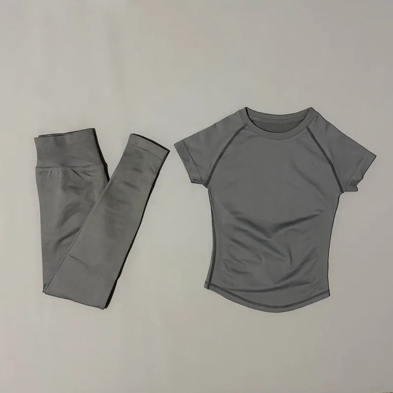 2 Pieces HISTELLO Sports Set Women Seamless Short Sleeve Navel Exposed Top Yoga Sports Tights Suit Gym Sportswear Workout Sets