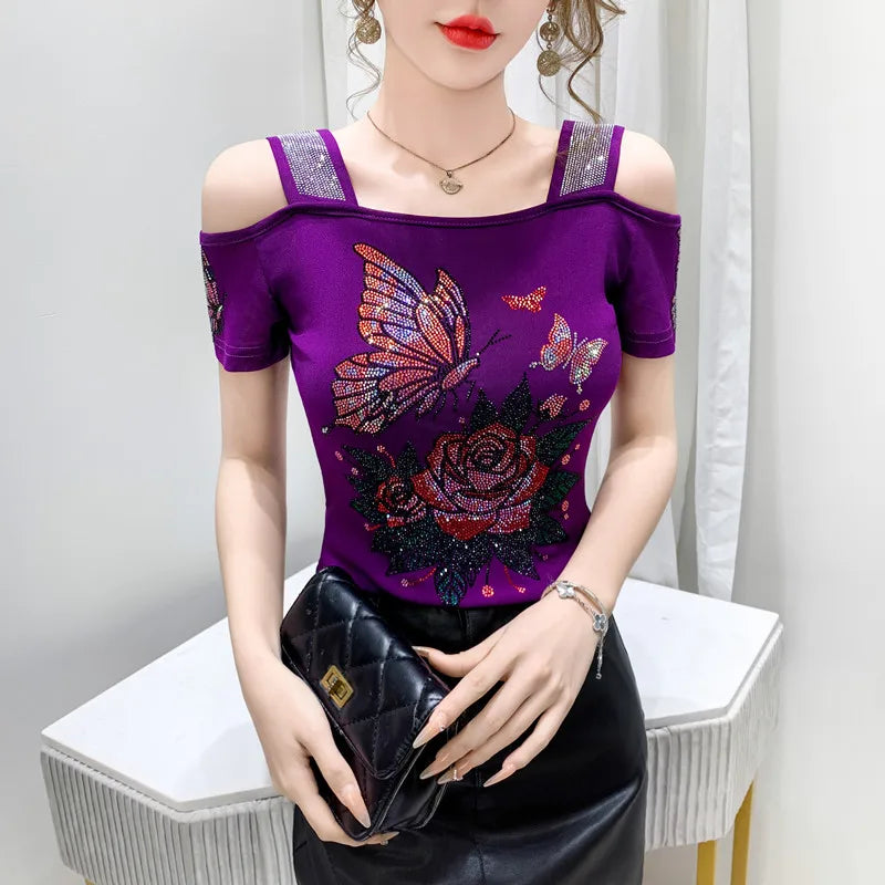 M-3XL New Summer Fashion European Ladies Clothes T-Shirt Sexy Off Shoulder Shiny Diamonds Mesh Women Tops All Match Tees Blusas