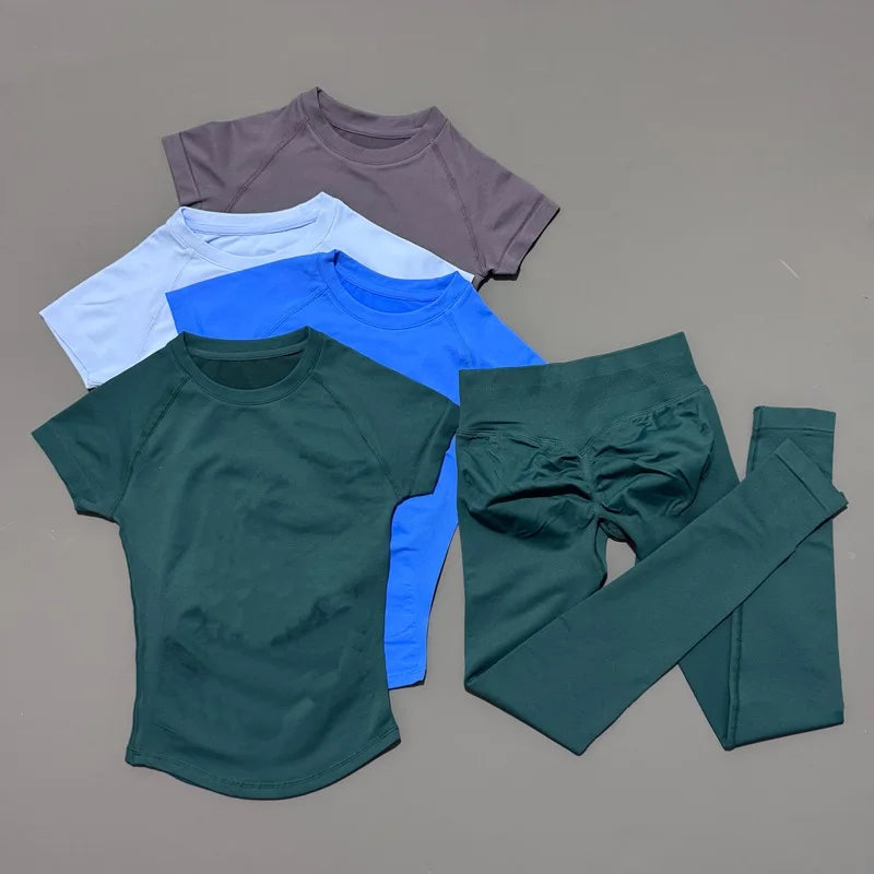 2 Pieces HISTELLO Sports Set Women Seamless Short Sleeve Navel Exposed Top Yoga Sports Tights Suit Gym Sportswear Workout Sets
