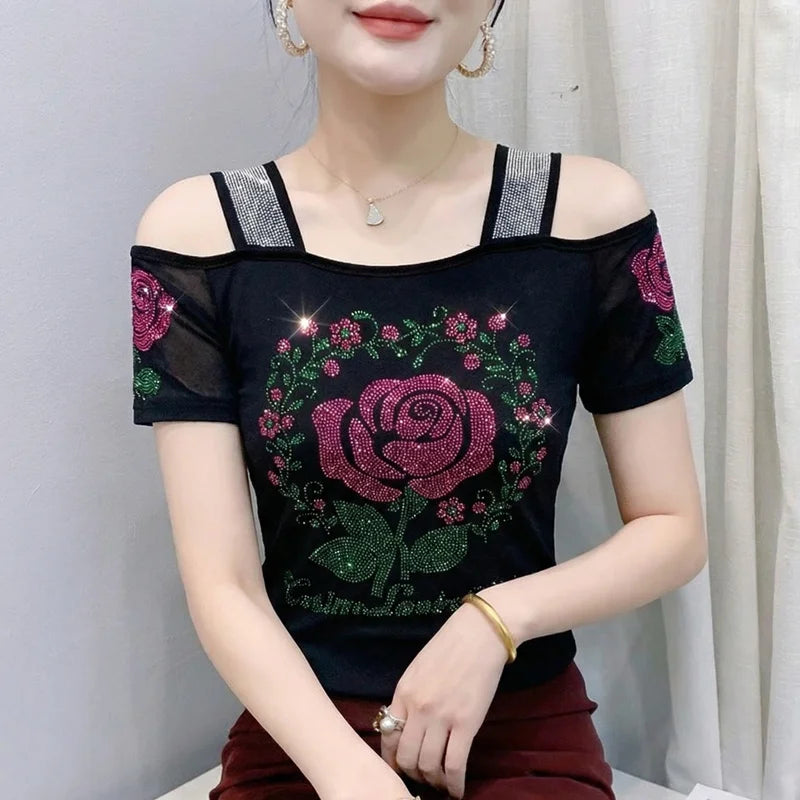 M-3XL New Summer Fashion European Ladies Clothes T-Shirt Sexy Off Shoulder Shiny Diamonds Mesh Women Tops All Match Tees Blusas